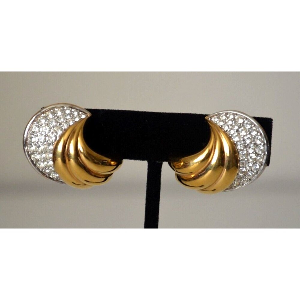 VTG Nina Ricci Rhinestone Gold Tone Clip On Earrings Swirl Crescent Shell Shape